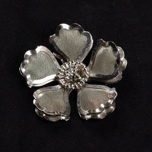 Vintage 1950s Signed BED Silver Tone Mesh Flower Brooch