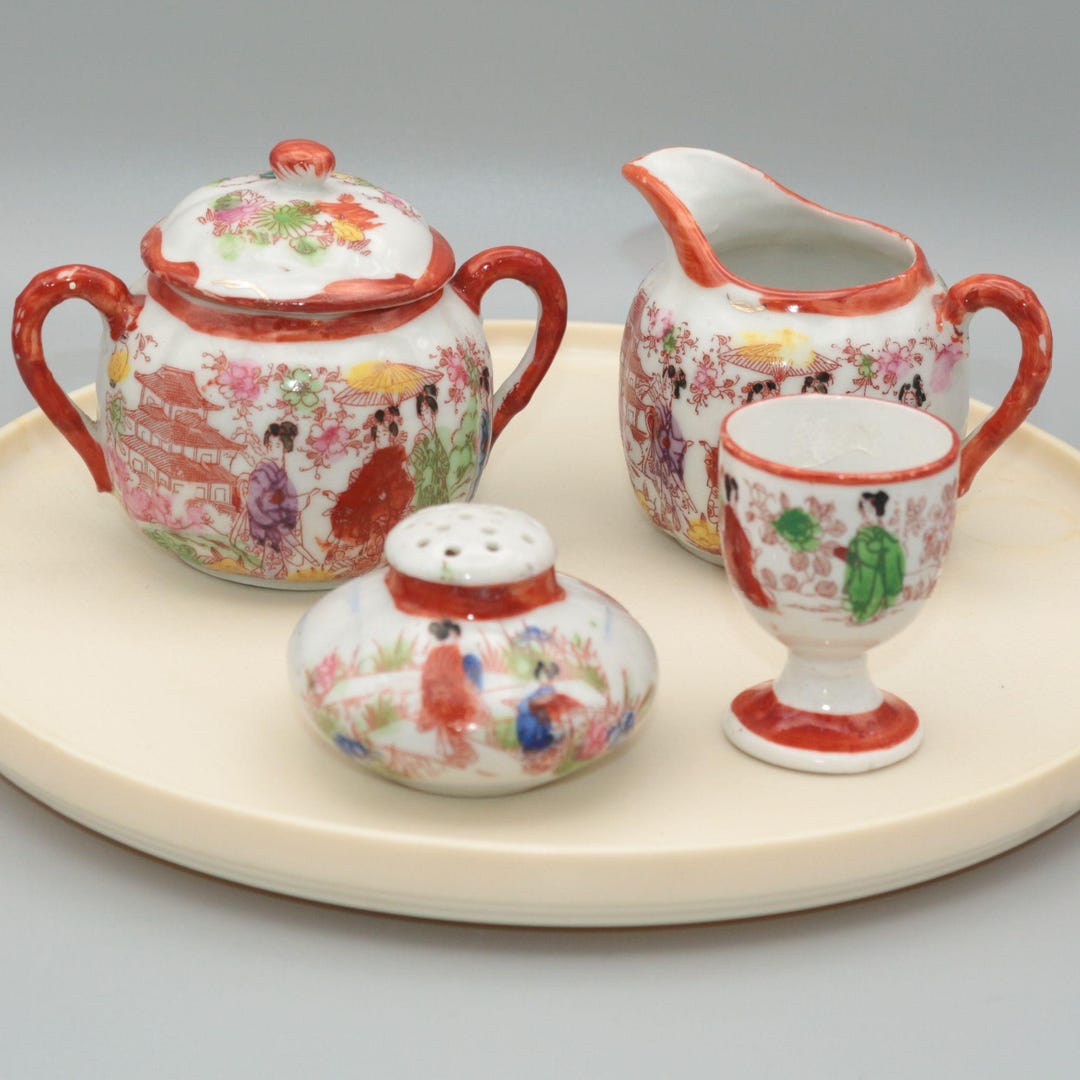 Corner Ruby Spring Collection Hand-painted Vintage Japanese Tea Set With Sugar Bowl, Creamer, Salt ...