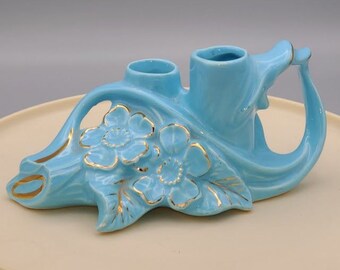 Vintage Pearl 24K Gold Painted Blue Floral Planter