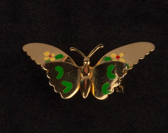 Vintage Hand Painted Butterfly Gold Toned Brooch