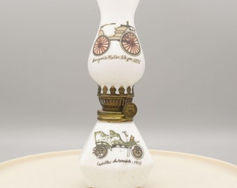 Vintage Milk Glass Oil Lamp Small 7.5" With Vehicle Motifs AS IS