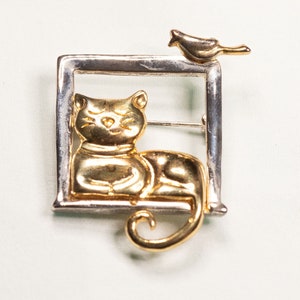 Vintage Cat in Window Silver and Gold Toned Brooch