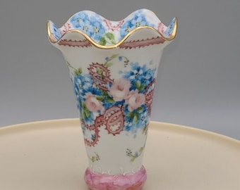 Porcelain Vase Hand Painted Signed By artist Floral with Gold Trim