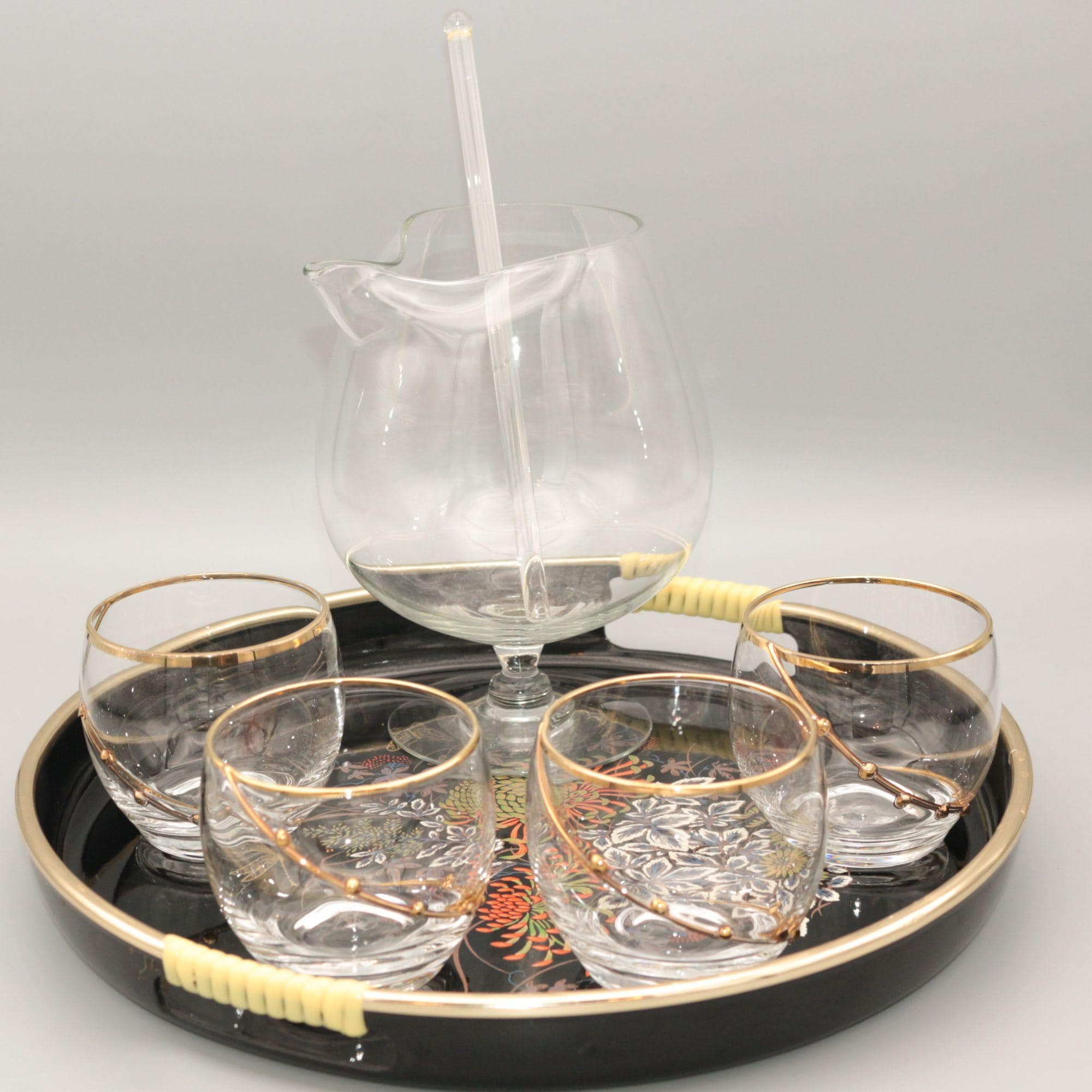 Vintage Toyo Japan Glassware Set With Gold Accents & Lacquer