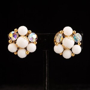 Vintage Milk Glass and Aurora Borealis Rhinestone Clip On Earrings