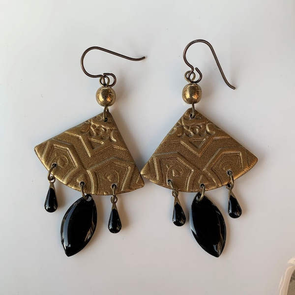 "ORIENT" fan and sequin earrings - Bronze and black - Fimo Jewelry - Polymer paste jewelry