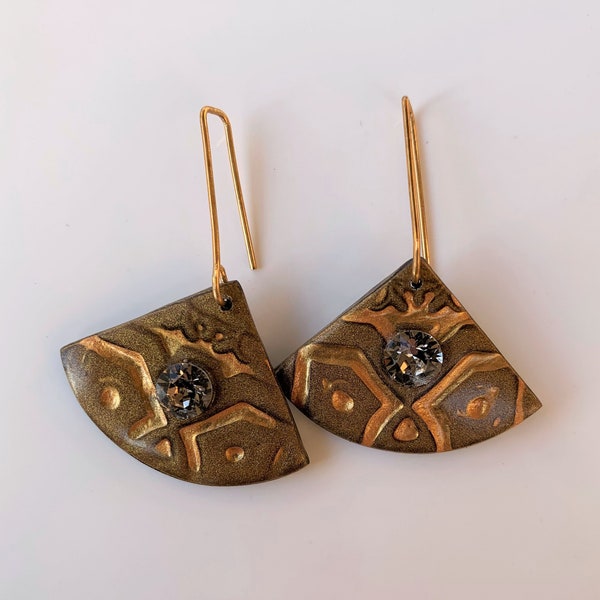 Earrings "ORIENT" fan with cabochon swarowski - bronze and gold - swarowski greige - Fimo Jewelry - Jewelry polymer paste