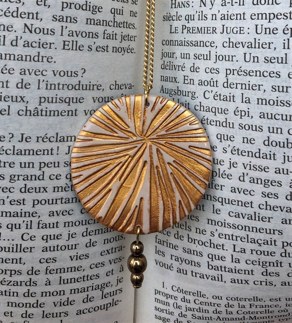 Long Necklace Rayon Round Pendant Sand And Gold Etsy
