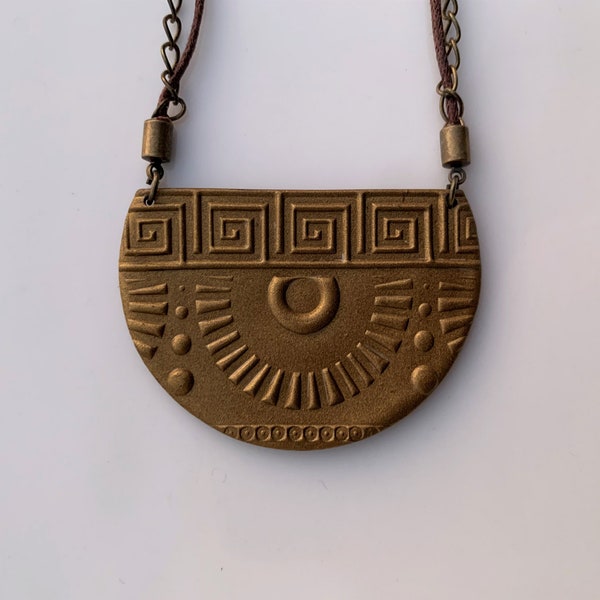 Collier "INCA" demi-cercle - bronze et marron - corodn coton ciré et chaîne - Bijoux Fimo - Bijoux pâte polymère