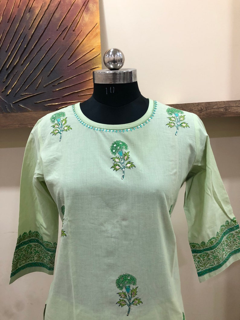 Cotton fabric block printed with handwork stitched kurti palazzo for ladies