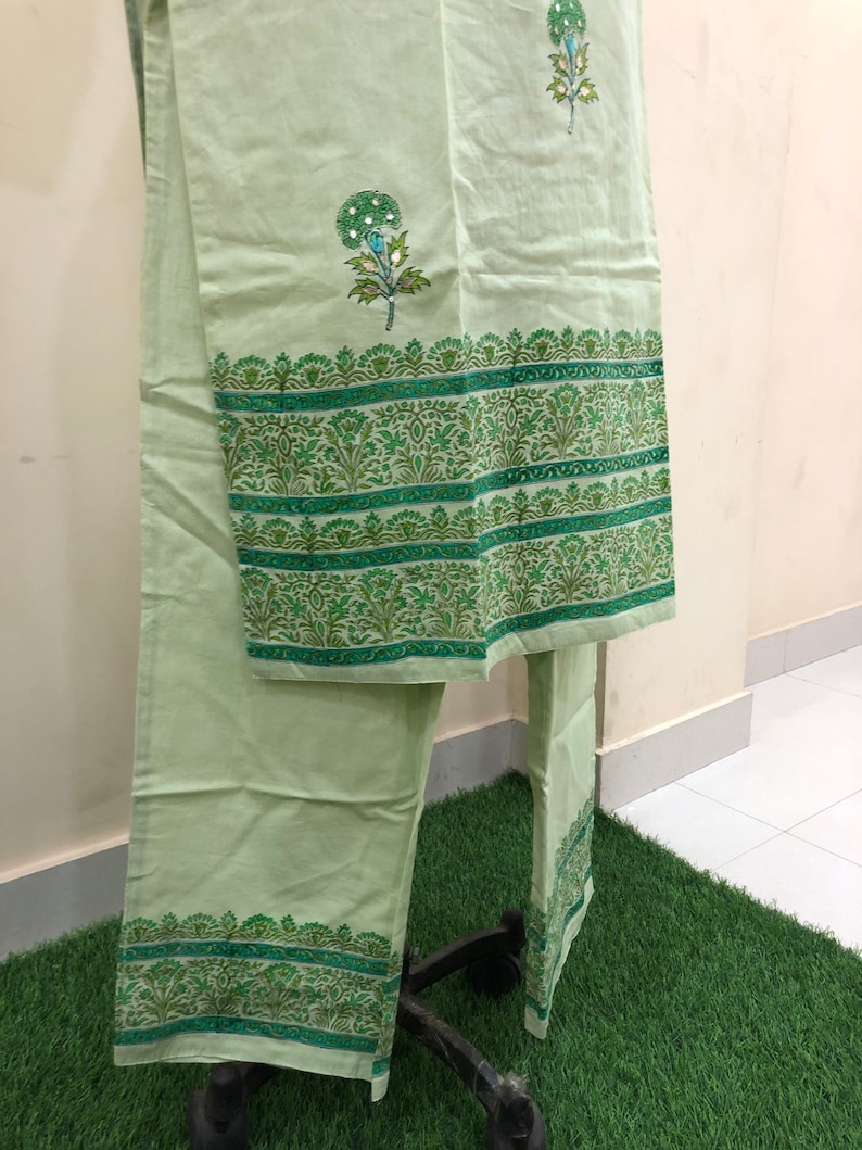Cotton fabric block printed with handwork stitched kurti palazzo for ladies