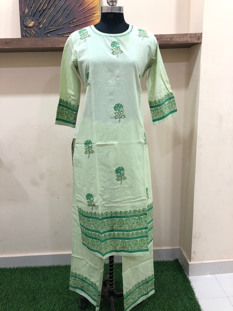Cotton fabric block printed with handwork stitched kurti palazzo for ladies