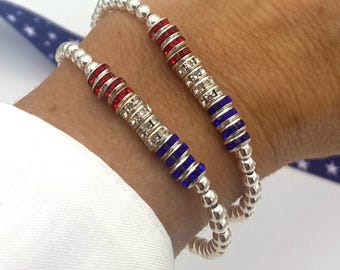 Rode, witte en blauwe patriottische armband, 4 juli-viering, sterlingzilveren kristallen sieraden