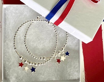 4th of July Bracelet Red white and Blue Star Charm Sterling Silver American Bracelet USA Gift for her