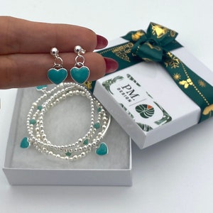 Sterling silver blue charm bracelet jewelry Earrings set personalized blue jewelry charm Mom Gift heart bracelet mother day gift idea