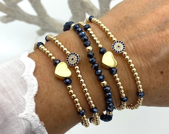Gold filled blue crystal bracelet stack women jewelry gift set with heart and evil eye charm stretchy good vibes lucky graduation birthday