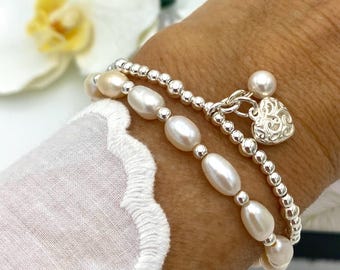 Pearl charm sterling silver bracelet, heart charm jewelry, bridesmaid gift, minimalist set