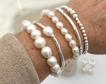 Sterling Silver Wedding Pearl Bracelet Bridal Jewelry Pearl Set Bridesmaid personalized Gift Bride Mom Bracelet and Earrings Jewelry Gift