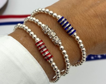 Sterling silver beaded bracelet, Independence Day red white & blue jewelry, American gift