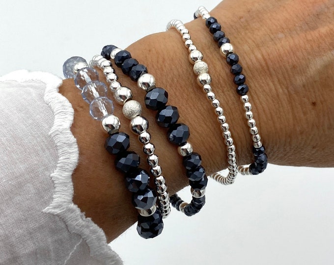 Blue crystal silver bracelet sterling silver bead bracelet Woman blue jewelry stretchy set crystal silver stack bracelet Mom day gift idea