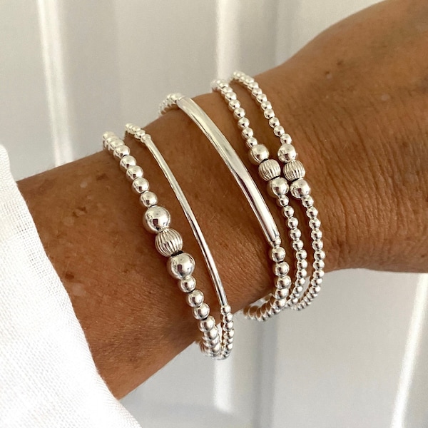 Sterling Silber Perlen Armband für Frauen, Stapeln dehnbar Schmuck Geschenk, Hochzeit Set