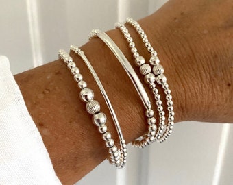 sterling silver stretch bracelet women jewelry mom gift silver stacked bead bracelet gift idea for mom wedding set jewelry gift