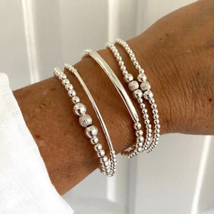 sterling silver bead bracelet women jewelry mom gift silver stacked stretch bracelet gift idea for mom wedding set jewelry gift