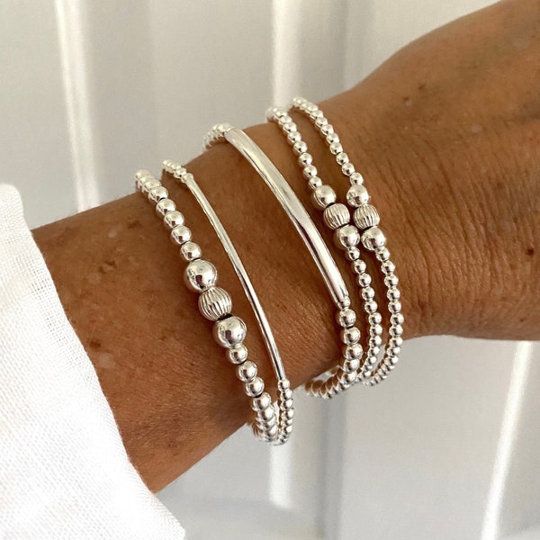 sterling silver bead bracelet women jewelry mom gift silver stacked stretch bracelet gift idea for mom wedding set jewelry gift