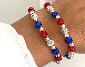 4th of July sterling silver Crystal Bracelet ,Red White Blue American flag colors jewelry