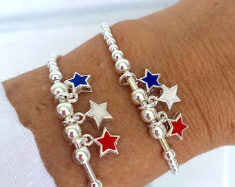 4th of July Star Bracelet, Red White and Blue Charm jewelry, USA flag colors