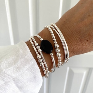 Black onyx silver bracelet set sterling silver stretchy bracelet birthday gift for her graduation or anniversary jewelry