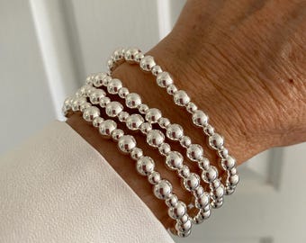 Sterling silver 6&4 beads women stacking bracelet mix 2 sizes stretchy jewelry gift