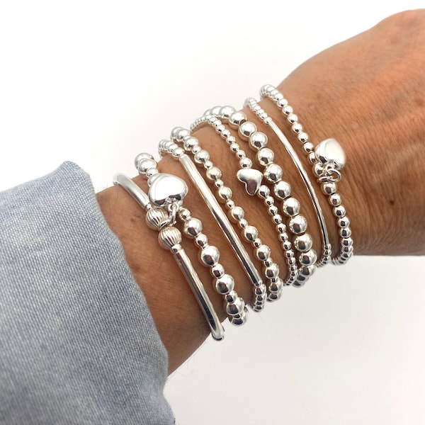 Sterling Silber Stretch-Armband, Schmuck, Geschenk für Mama, Silber-Armband, Damen-Geschenk, gestapeltes Armband, Geschenk für sie, Schmuck, Silber-Set-Armband