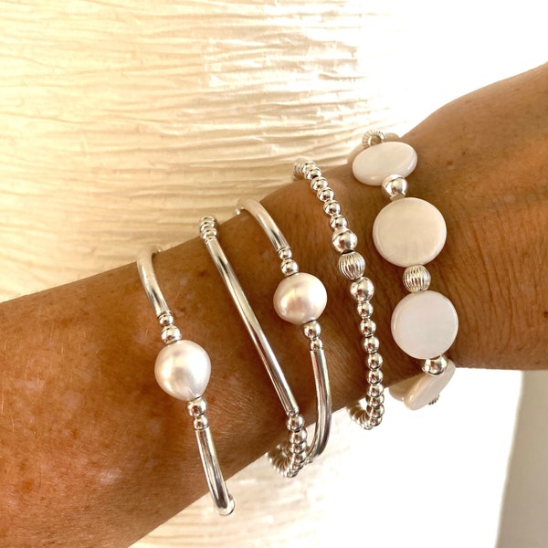 Sterling Silver Pearls Bracelet White Mother of Pearls Stretchy beaded Gift Silver Set  Jewelry mother dayGift for her