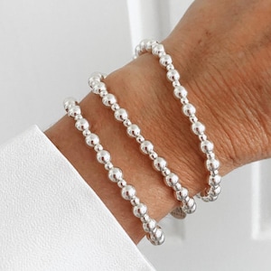 Pulseira elástica de prata esterlina para mulheres, conjunto de joias minimalistas e modernas para presente, 5 mm e 3 mm, conjunto de pulseiras com camadas de contas