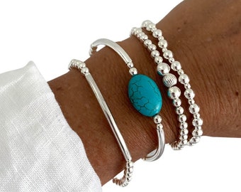 Turquoise silver beaded bracelet birthday women gift jewelry sterling silver stretchy bracelet anniversary gift set graduation present