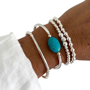 Sterling Silver Turquoise Bracelet Women Stretch Beaded Jewelry Set Bracelets Gift for Mom Valentine Jewelry stack Gift for Girlfriend