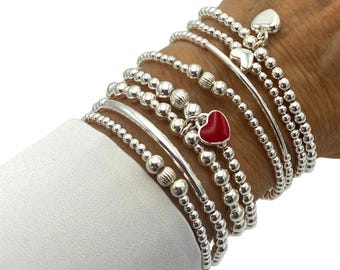 Personalized red heart charm silver bracelet for women, stretchy beaded jewelry, graduation gift