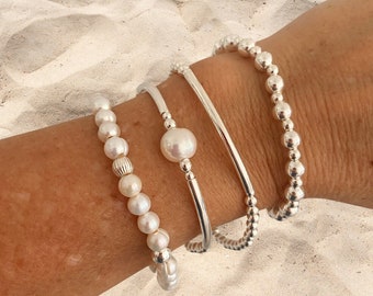 Sterling Silver Pearl Bracelet Wedding Set Bridesmaid Gift Silver Pearls Bracelet Bride Jewelry Gift Bridal Pearl Mother of the Bride Gift