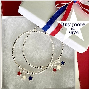 4th of July stars bracelet Red white and Blue charm set Sterling Silver American Bracelet women patriotic jewelry set USA gift for her
