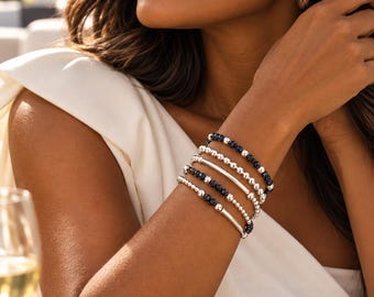 Blue crystal sterling silver beaded bracelet, stretchy jewelry set, gift for women