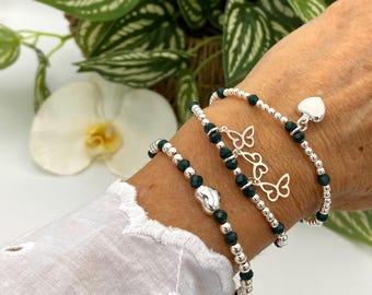 Sterling Silver butterfly and heart Charm Bracelet Dark Green Crystal jewelry friendship gift