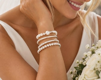 Pearl and sterling silver beaded bracelet -wedding jewelry  set -bridesmaid gift -woman anniversary set