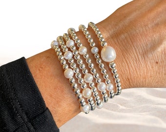Sterling silver pearl beaded bracelet stretchy wedding jewelry set bridesmaid meaning friendship gift