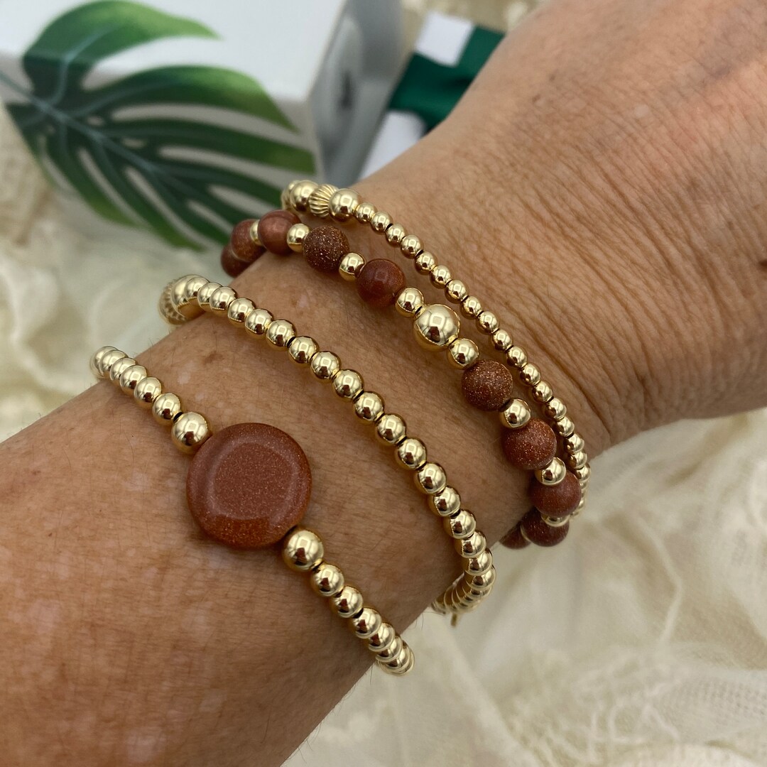 Gold Filled Sandstone Bracelets Jewelry Set Mother Daygift for Mom Brown Goldstone Stack