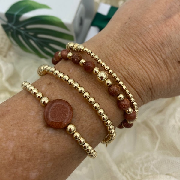 Gold Filled Sandstone Bracelets Jewelry Set mother dayGift for Mom Brown Goldstone Stack Bracelets for Girlfriend Gold Jewelry Set for her