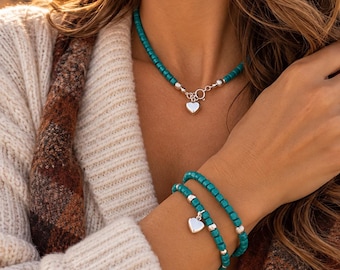 Handmade Green Crystal Sterling Silver Beaded Necklace & Bracelet Set, Minimalist Jewelry Gift