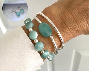 Green moonstone sterling silver bracelet, stacking stretchy women jewelry ,gift set with earrings