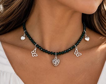 Crystal Beaded Choker Necklace with Sterling Silver Charms Handmade Jewelry for Women