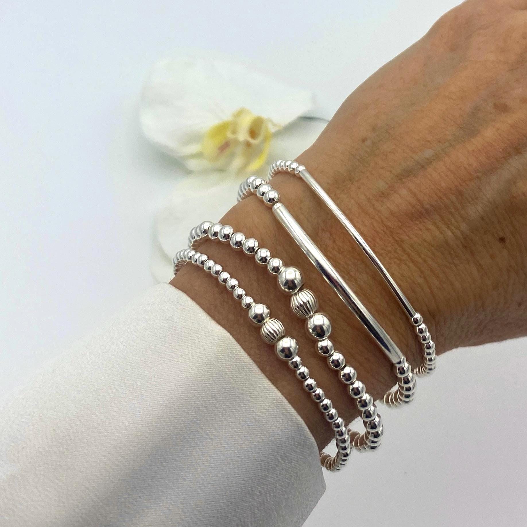 Sterling silver bracelet set for women minimalist stack gift silver bead bracelet stretchy jewelry birthday elegant style